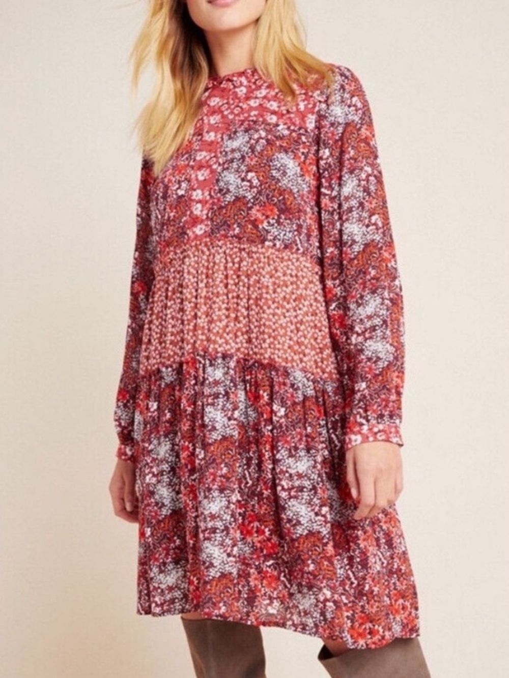 Anthropologie Maeve Esther Red Floral Tiered Mini Dress Size S